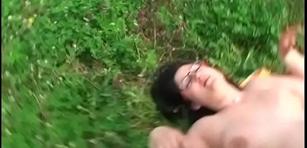  Nice amateur brunette in the glasses sucks cock and rides it outdoor